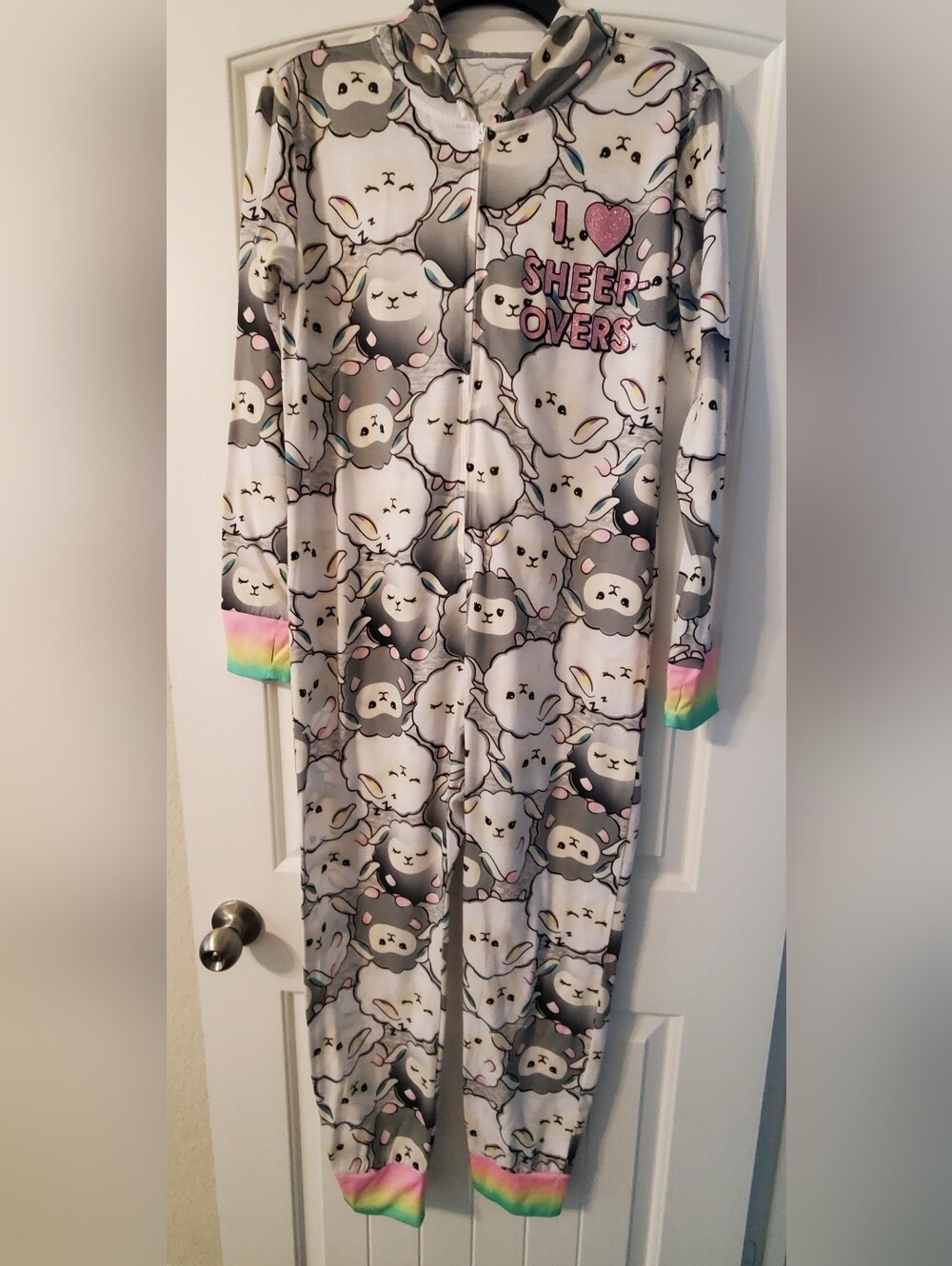 Justice Gray & White Sheep Lovers Fleece Onesie Pajamas with Rainbow Trim